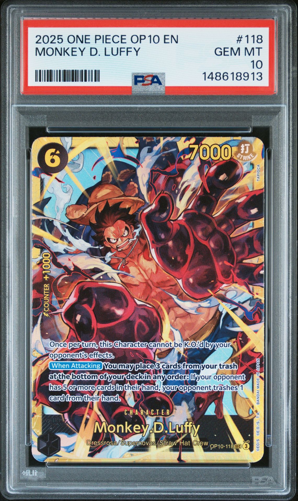 2025 One Piece Op10-Royal Blood Monkey D. Luffy #118 Gem Mt 10 front view - PSA graded GEM MT 10