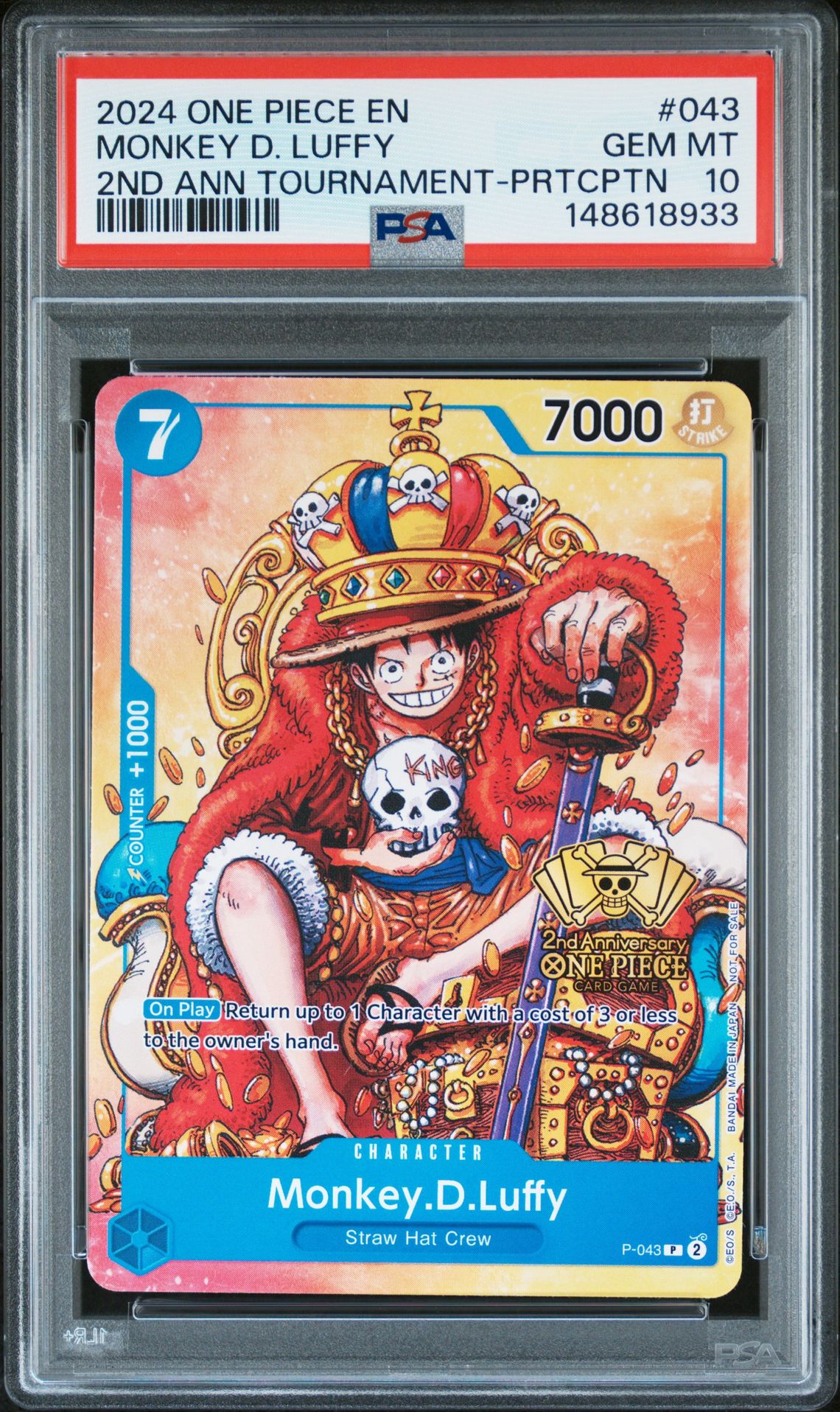2024 One Piece Promos Monkey D. Luffy #043 (2Nd Ann Tournament-Prtcptn) Gem Mt 10 front view - PSA graded GEM MT 10