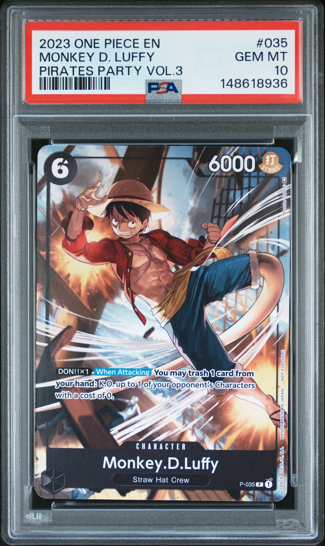 2023 One Piece Promos Monkey D. Luffy #035 (Pirates Party Vol.3) Gem Mt 10 front view - PSA graded GEM MT 10