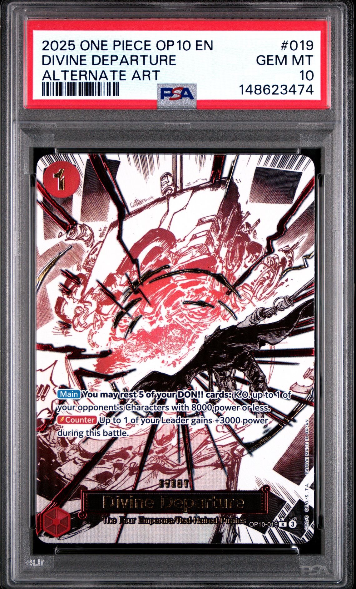 2025 One Piece Op10-Royal Blood Divine Departure #019 (Alternate Art) Gem Mt 10 front view - PSA graded GEM MT 10