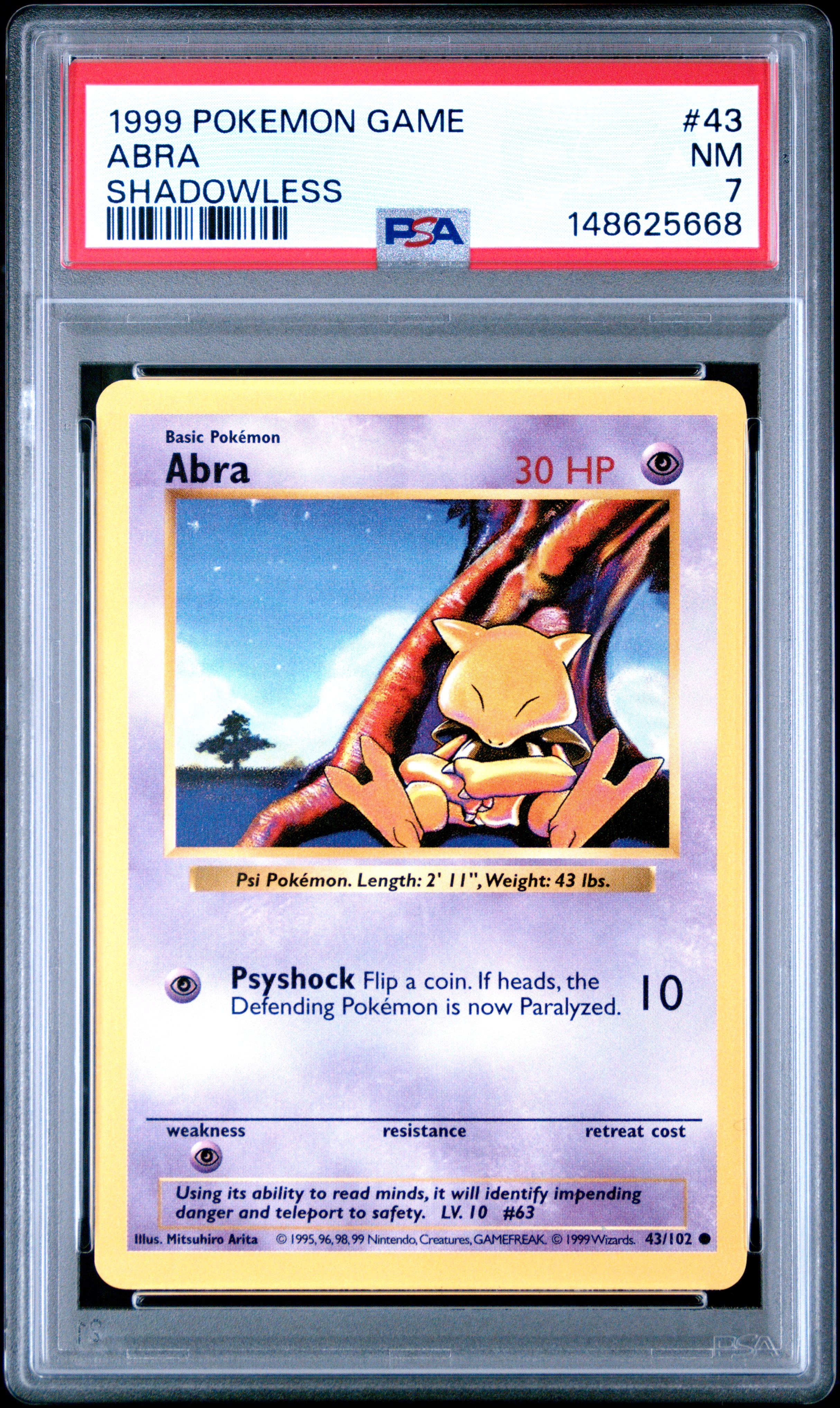 1999 #43 Abra Shadowless PSA 7 Game Pokemon
