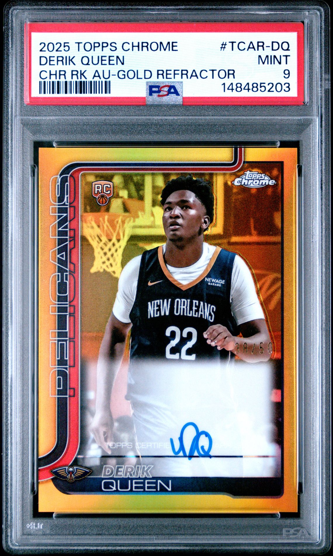 2025 Topps Chrome TOPPS CHROME CHROME ROOKIE AUTOGRAPHS CHR RK AU-GOLD REFRACTOR #TCAR-DQ Derik Queen front