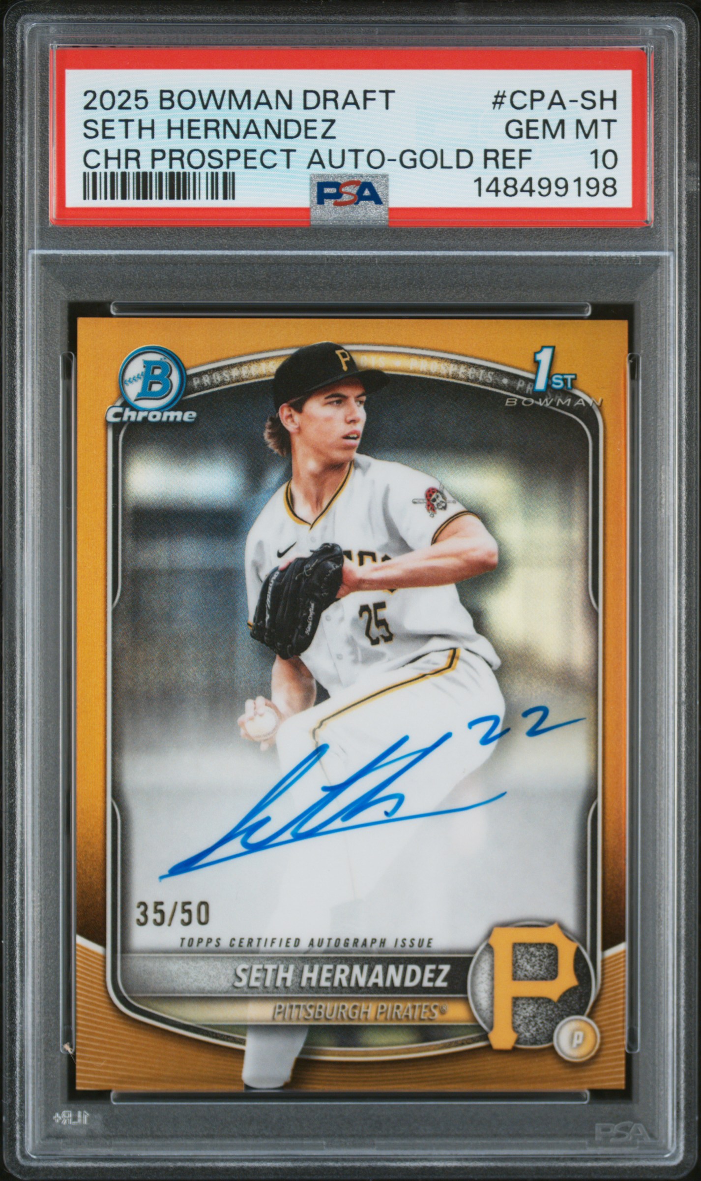 2025 BOWMAN DRAFT CHROME PROSPECT AUTOGRAPHS Gold Refractor #CPA-SH Seth Hernandez front