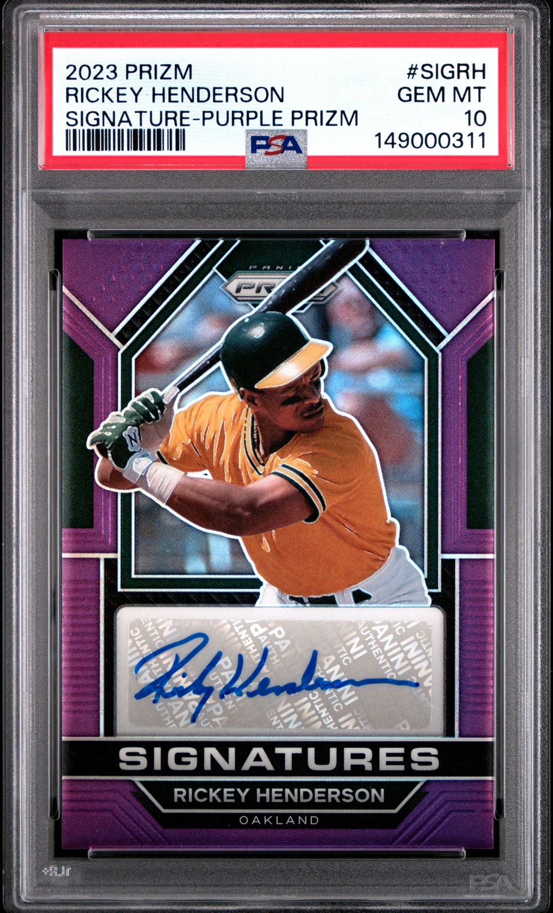 2023 Panini PANINI PRIZM SIGNATURES PURPLE PRIZM #SIGRH Rickey Henderson front