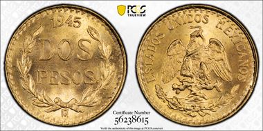 1945-Mo 2 Peso KM-461  Au MS67