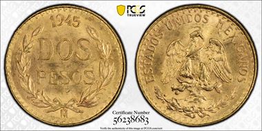 1945-Mo 2 Peso KM-461 Au MS67