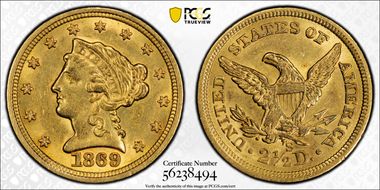 1869-S $2.50 AU55