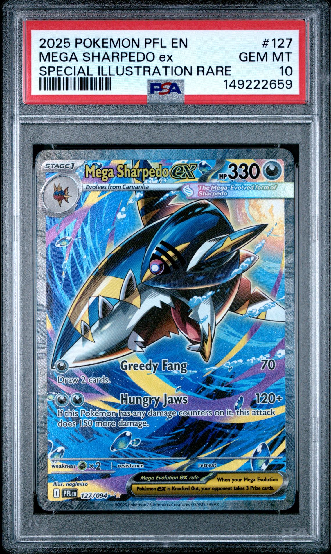 2025 Bowman POKEMON PFL EN-PHANTASMAL FLAMES SPECIAL ILLUSTRATION RARE #127 Mega Sharpedo Ex front