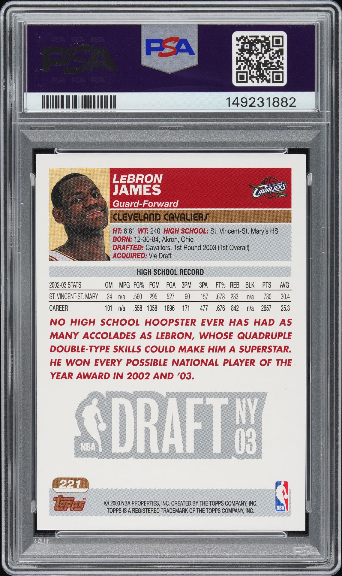 2003 Topps Lebron James #221 Nm-Mt 8 back