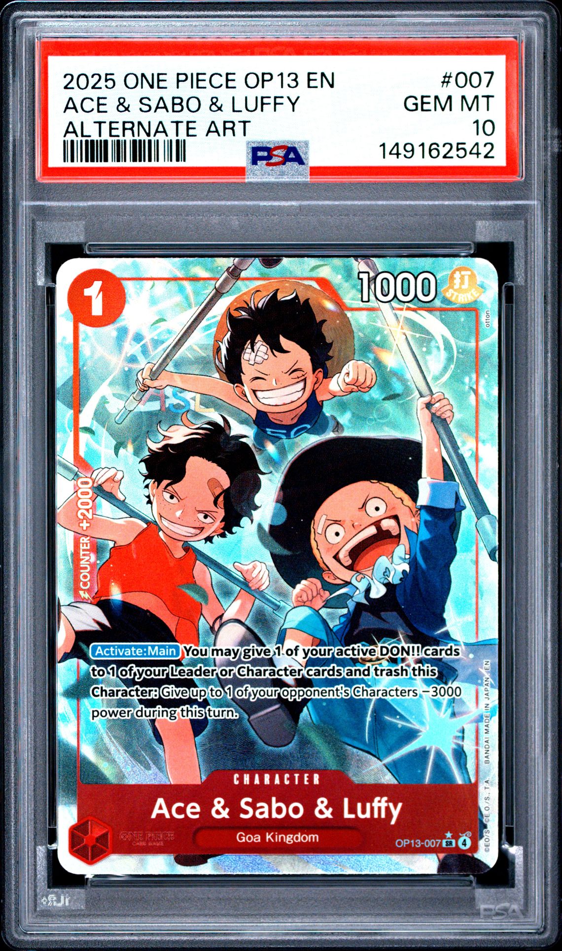 2025 One Piece Op13-Carrying On His Will Ace & Sabo & Luffy #007 (Alternate Art) Gem Mt 10 front