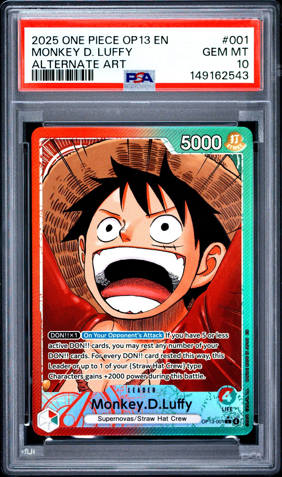 2025 One Piece Op13-Carrying On His Will Monkey D. Luffy #001 (Alternate Art) Gem Mt 10 front