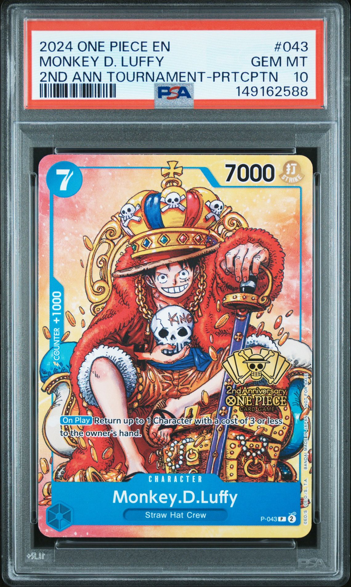 2024 One Piece Promos Monkey D. Luffy #043 (2Nd Ann Tournament-Prtcptn) Gem Mt 10 front