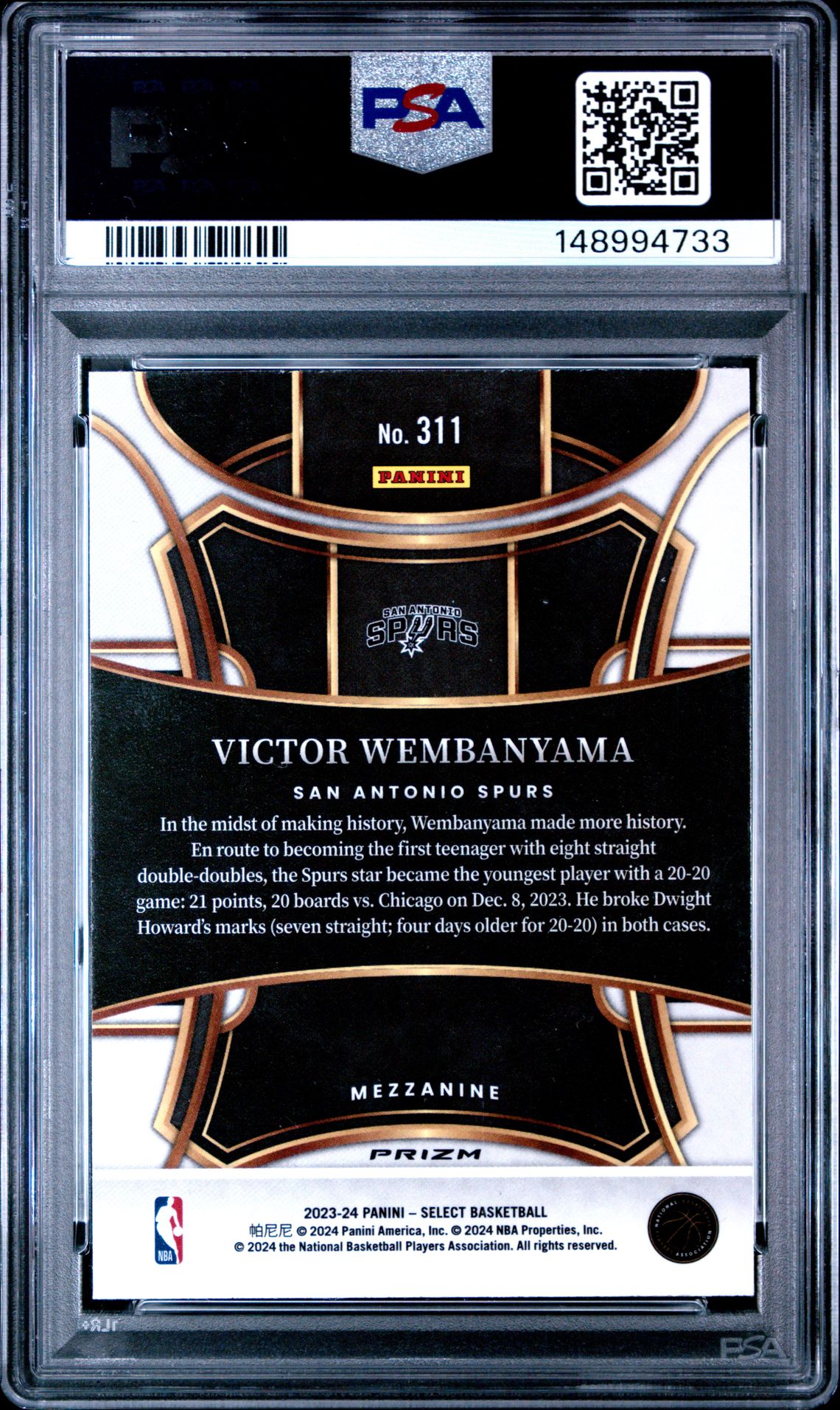 2023 Panini Select Victor Wembanyama #311 (Blue Cracked Ice) Gem Mt 10 back
