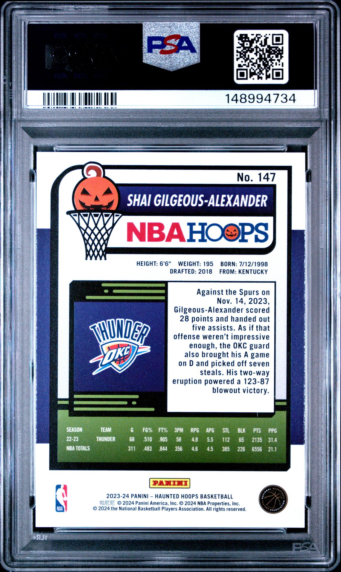 2023 Panini Haunted Hoops S. Gilgeous-Alexander #147 (Holo Webs) Gem Mt 10 back