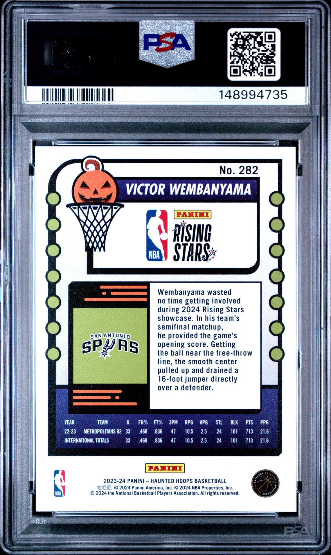 2023 Panini Haunted Hoops Victor Wembanyama #282 (Orange) Gem Mt 10 back