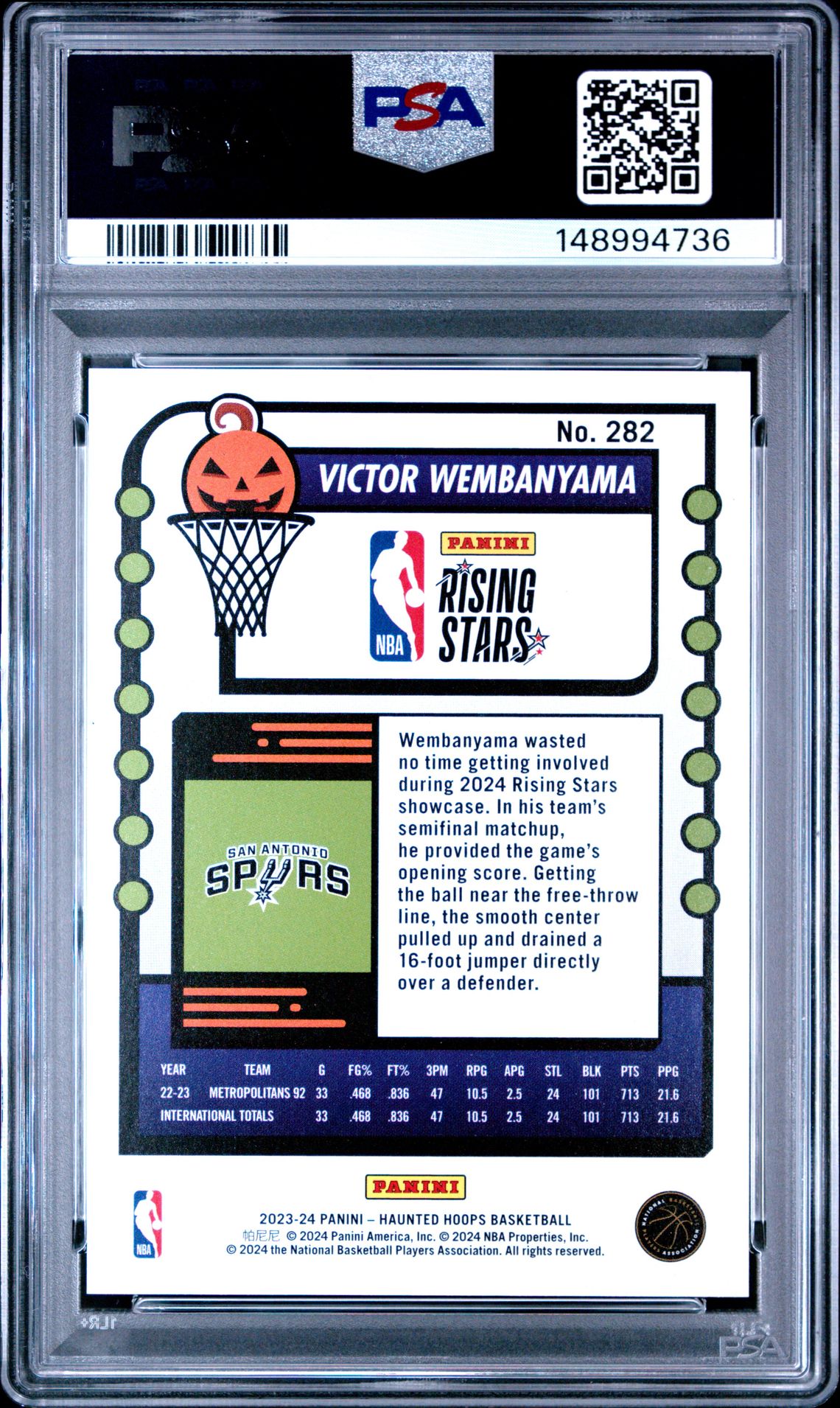2023 Panini Haunted Hoops Victor Wembanyama #282 (Orange) Gem Mt 10 back