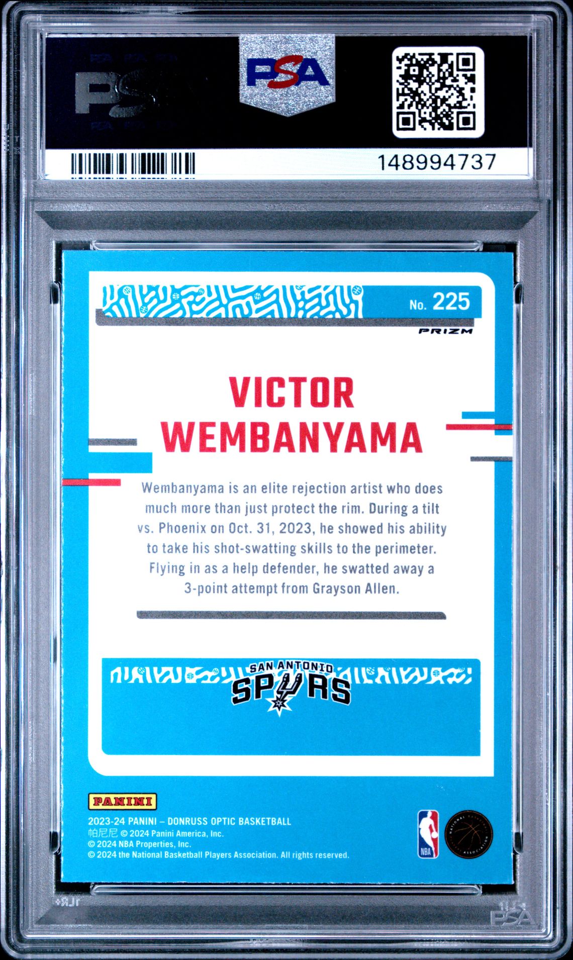 2023 Panini Donruss Optic Victor Wembanyama #225 (Red International) Gem Mt 10 back