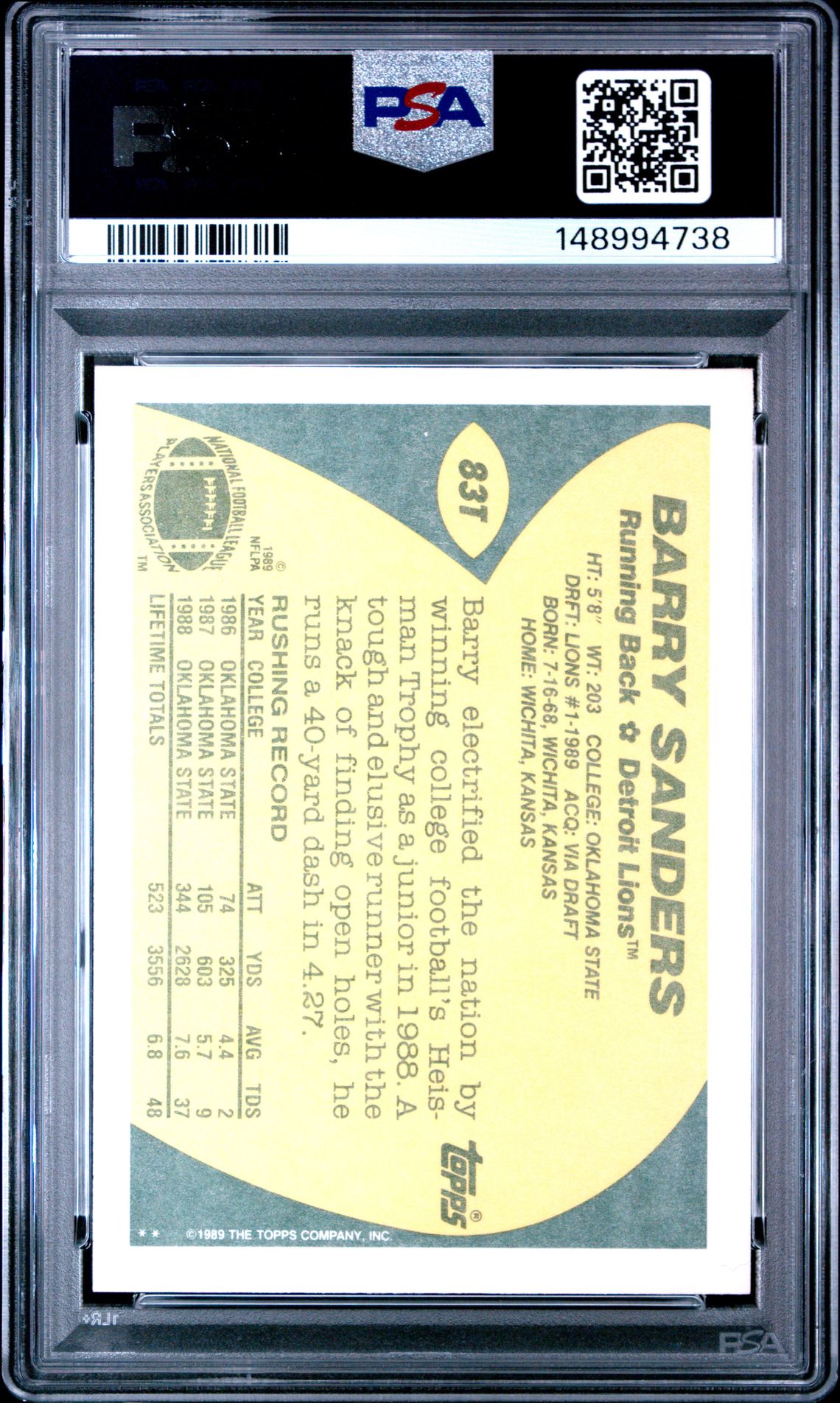 1989 Topps Traded Barry Sanders #83T Mint 9 back