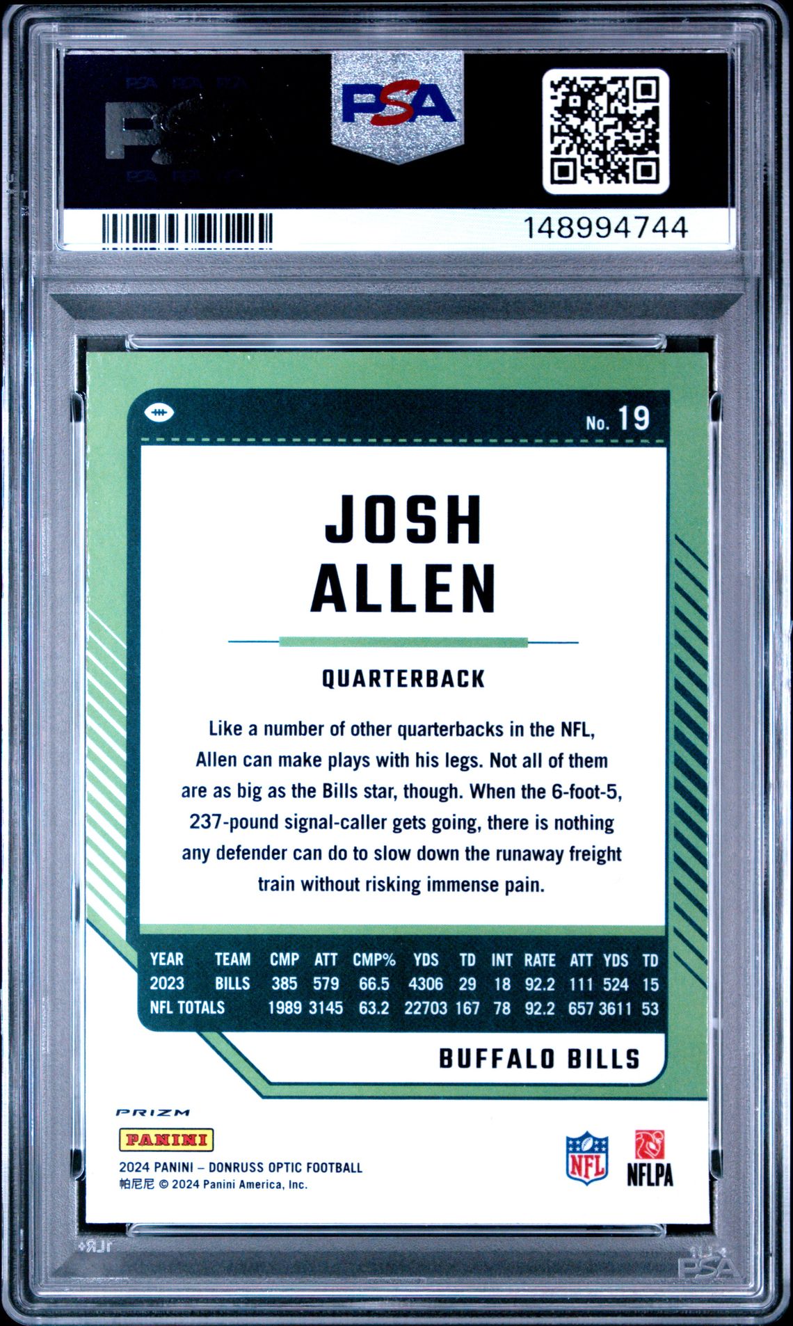 2024 Panini Donruss Optic Josh Allen #19 (White Sparkle) Gem Mt 10 back