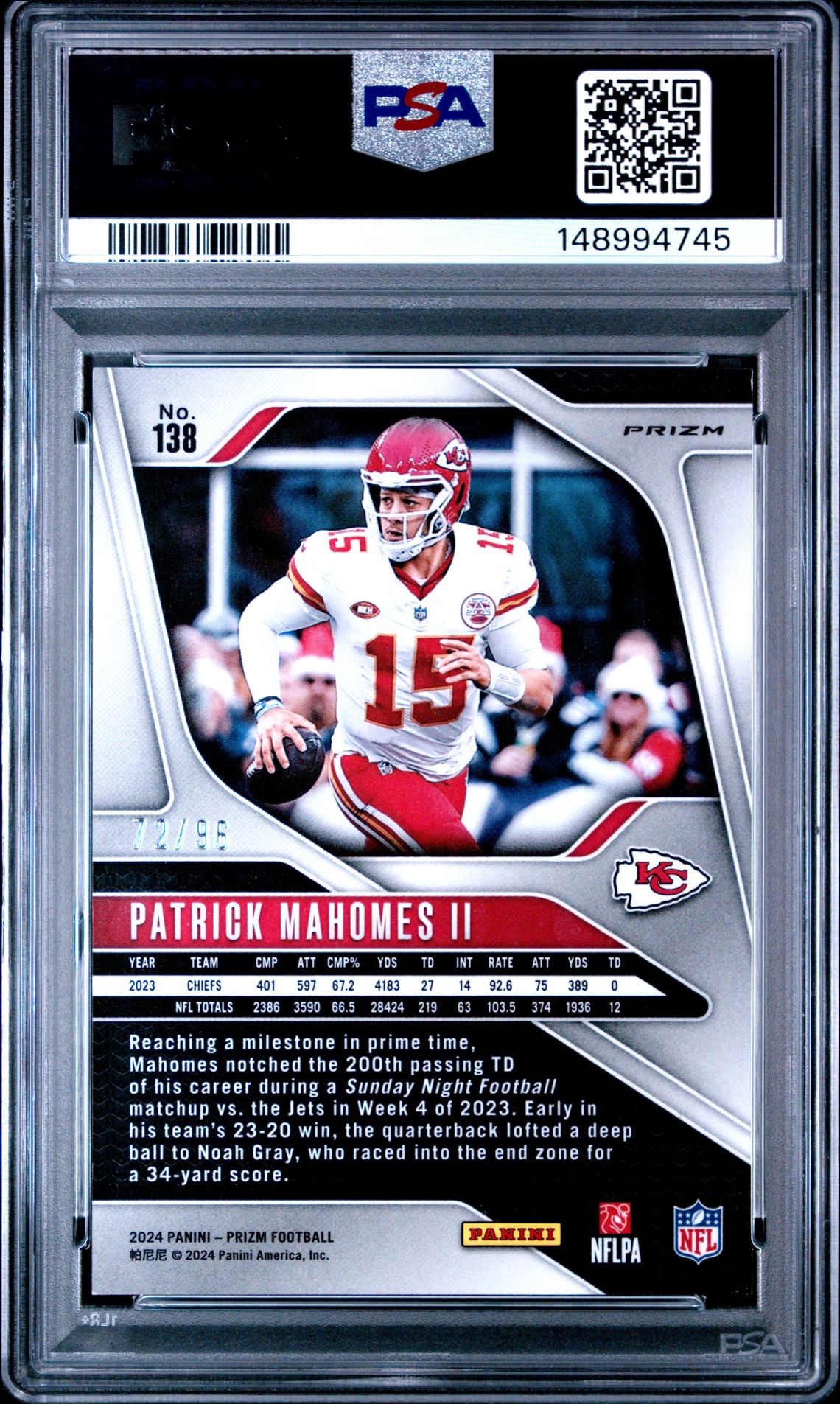 2024 Panini Prizm Patrick Mahomes Ii #138 (Blue Sparkle) Gem Mt 10 back