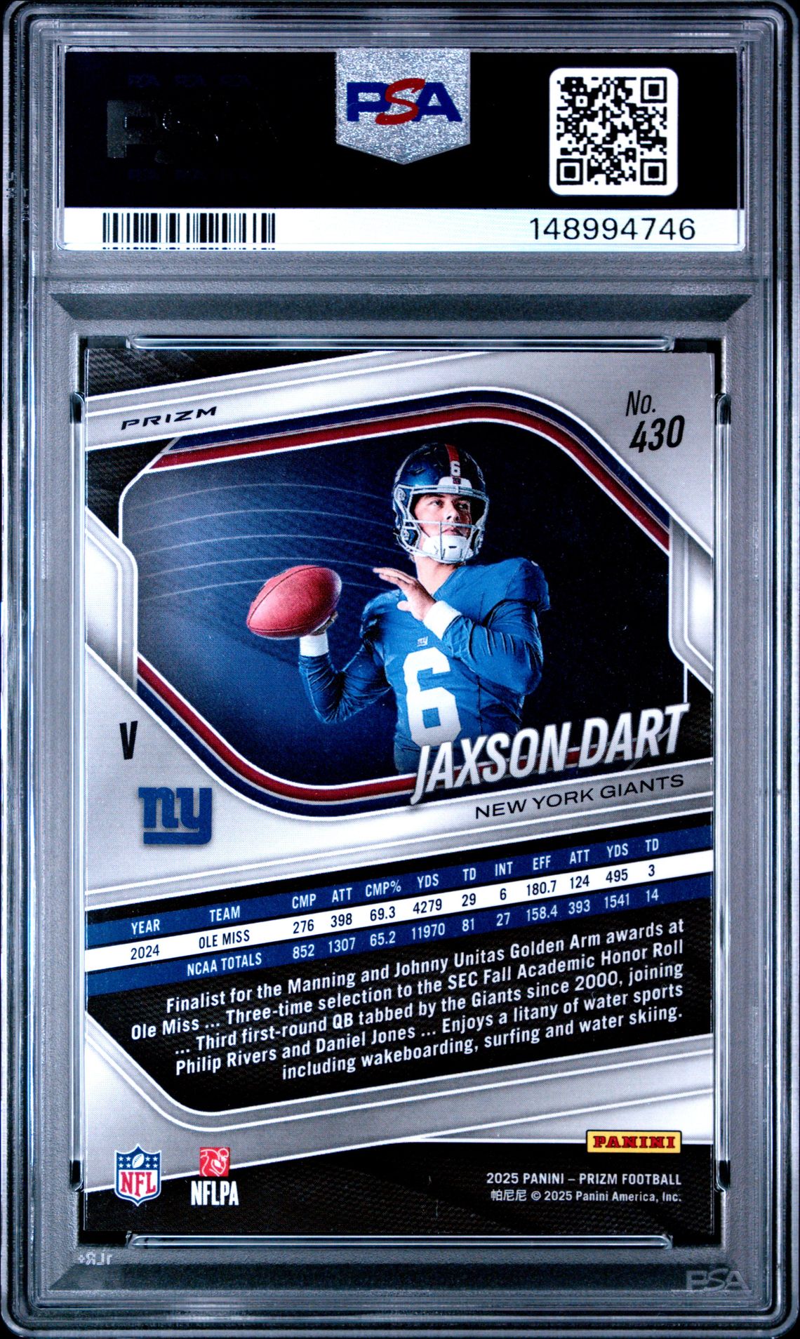 2025 Panini Prizm Jaxson Dart #430 (Silver Prizm) Gem Mt 10 back