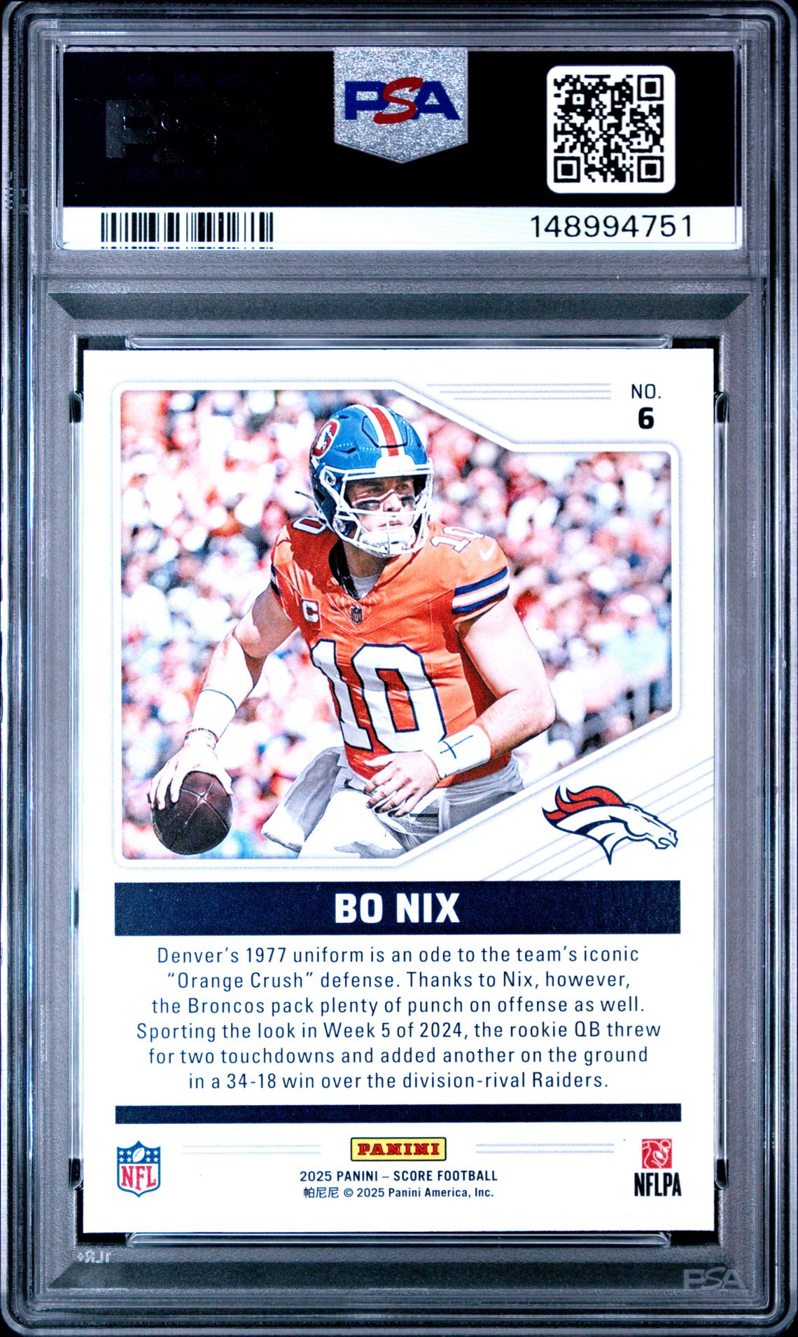 2025 Panini Score Throwbacks Bo Nix #6 Mint 9 back