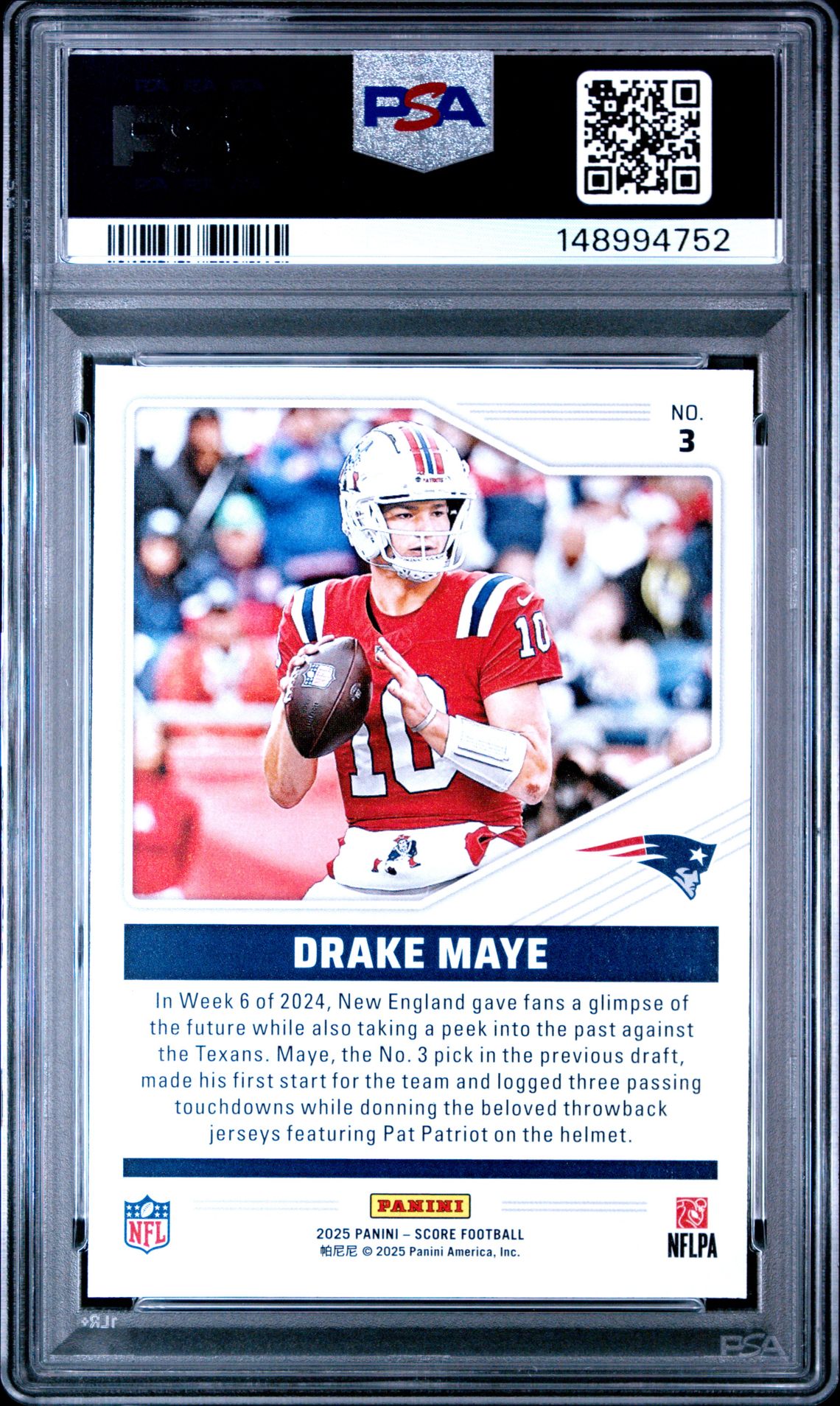 2025 Panini Score Throwbacks Drake Maye #3 Mint 9 back