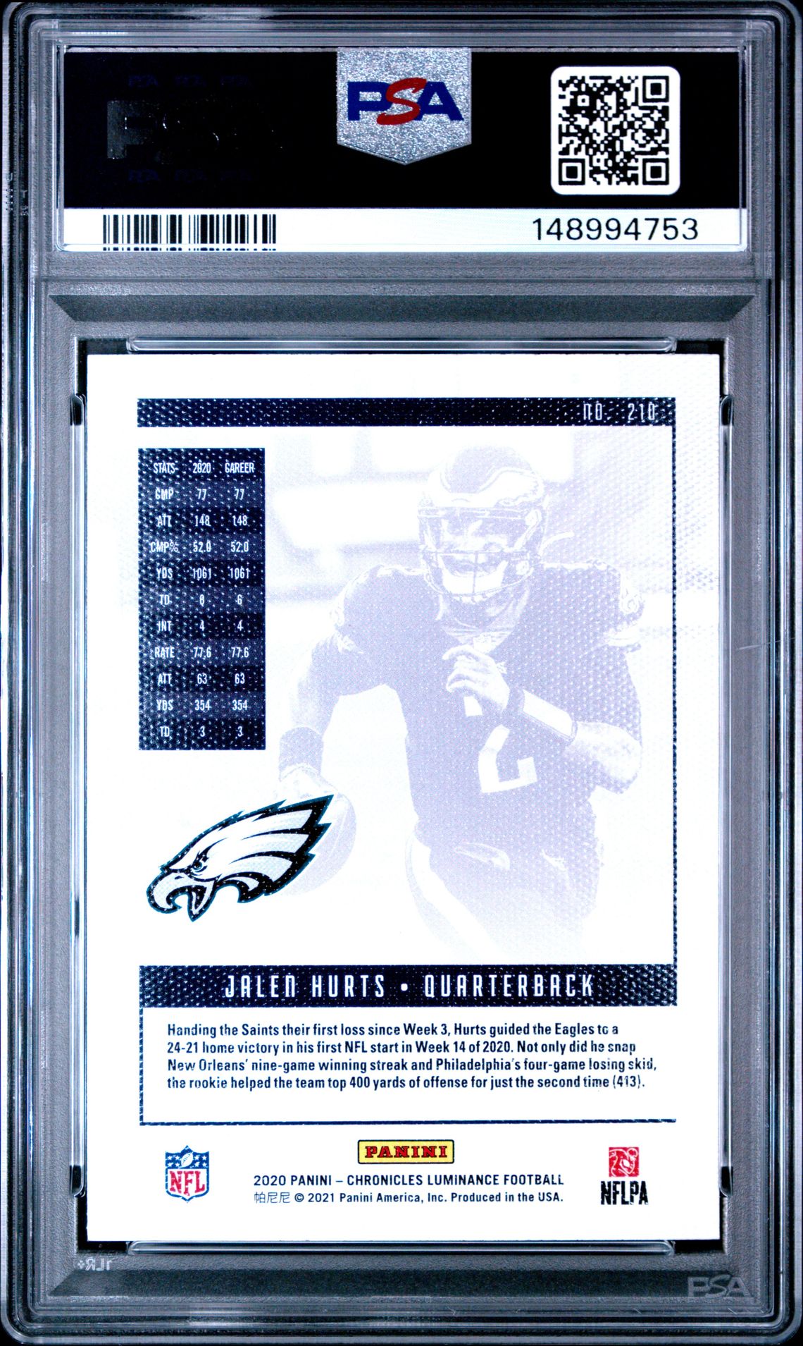 2020 Panini Chronicles Luminance Jalen Hurts #210 (Luminance) Mint 9 back