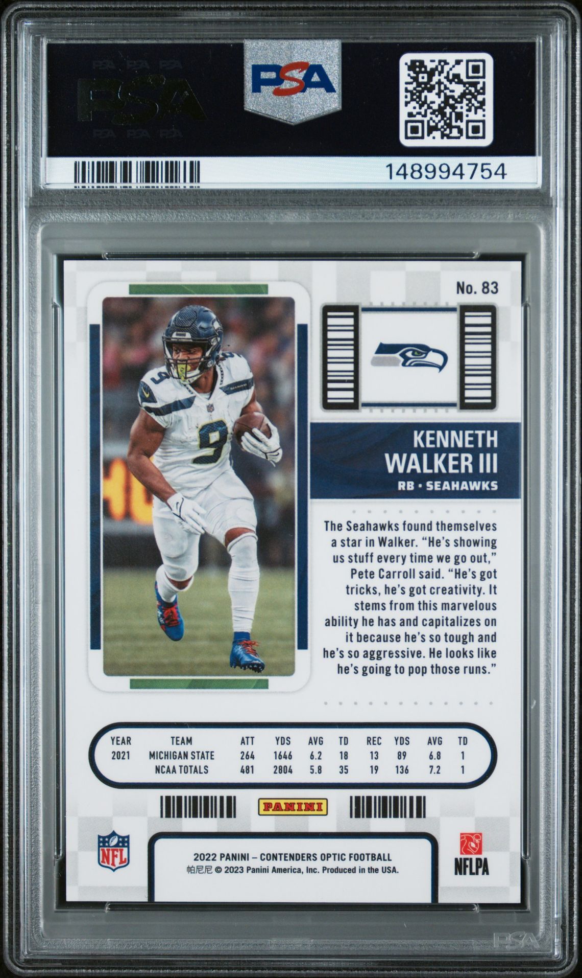 2022 Panini Contenders Optic Kenneth Walker Iii #83 Mint 9 back