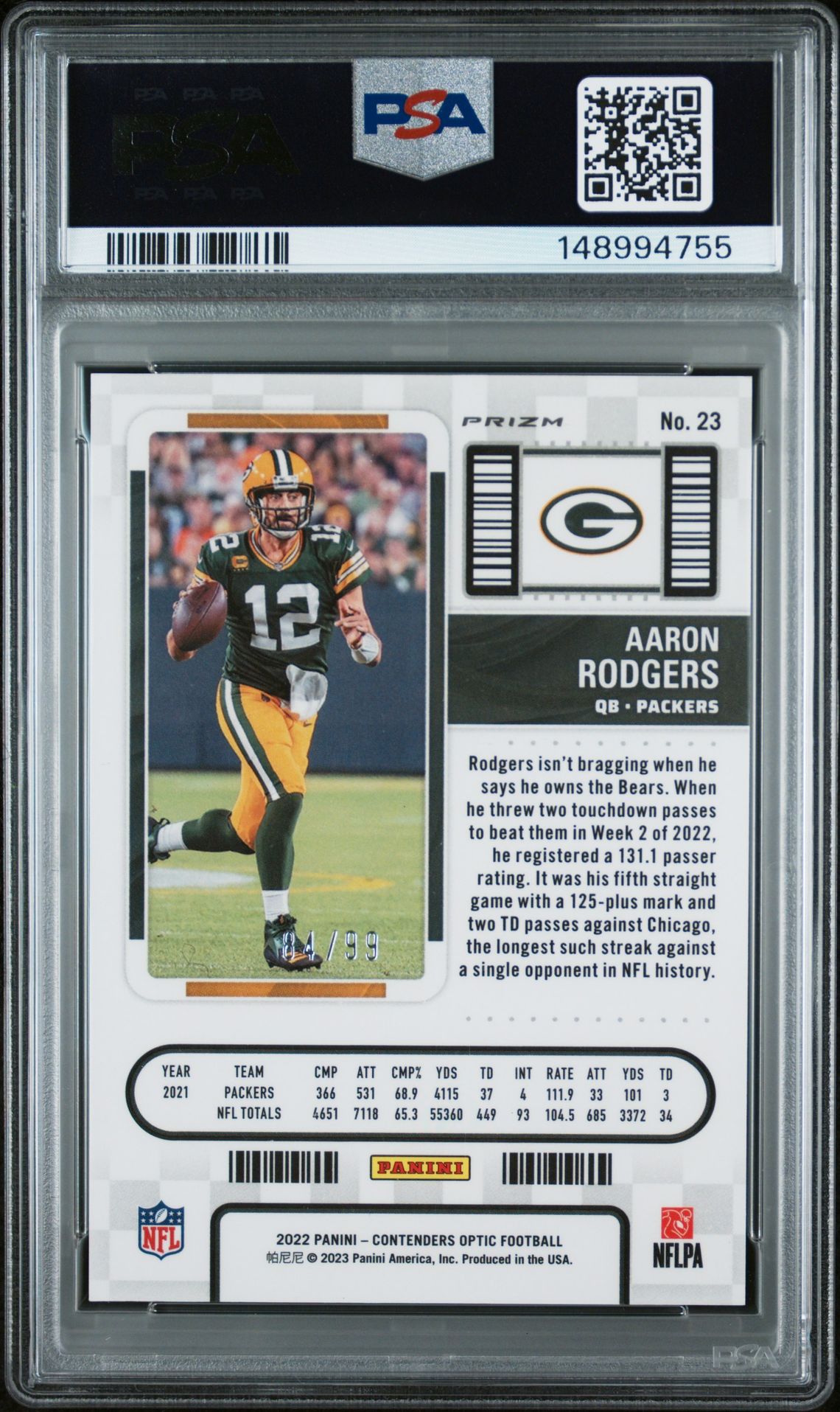 2022 Panini Contenders Optic Aaron Rodgers #23 (Blue) Mint 9 back