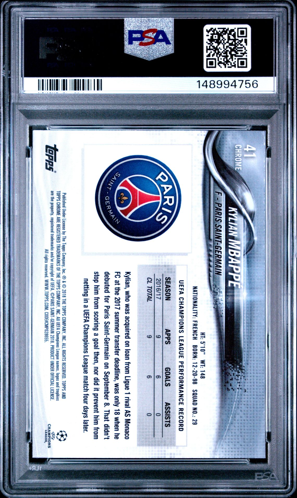 2017 Topps Chrome Uefa Champions League Kylian Mbappe #41 Mint 9 back
