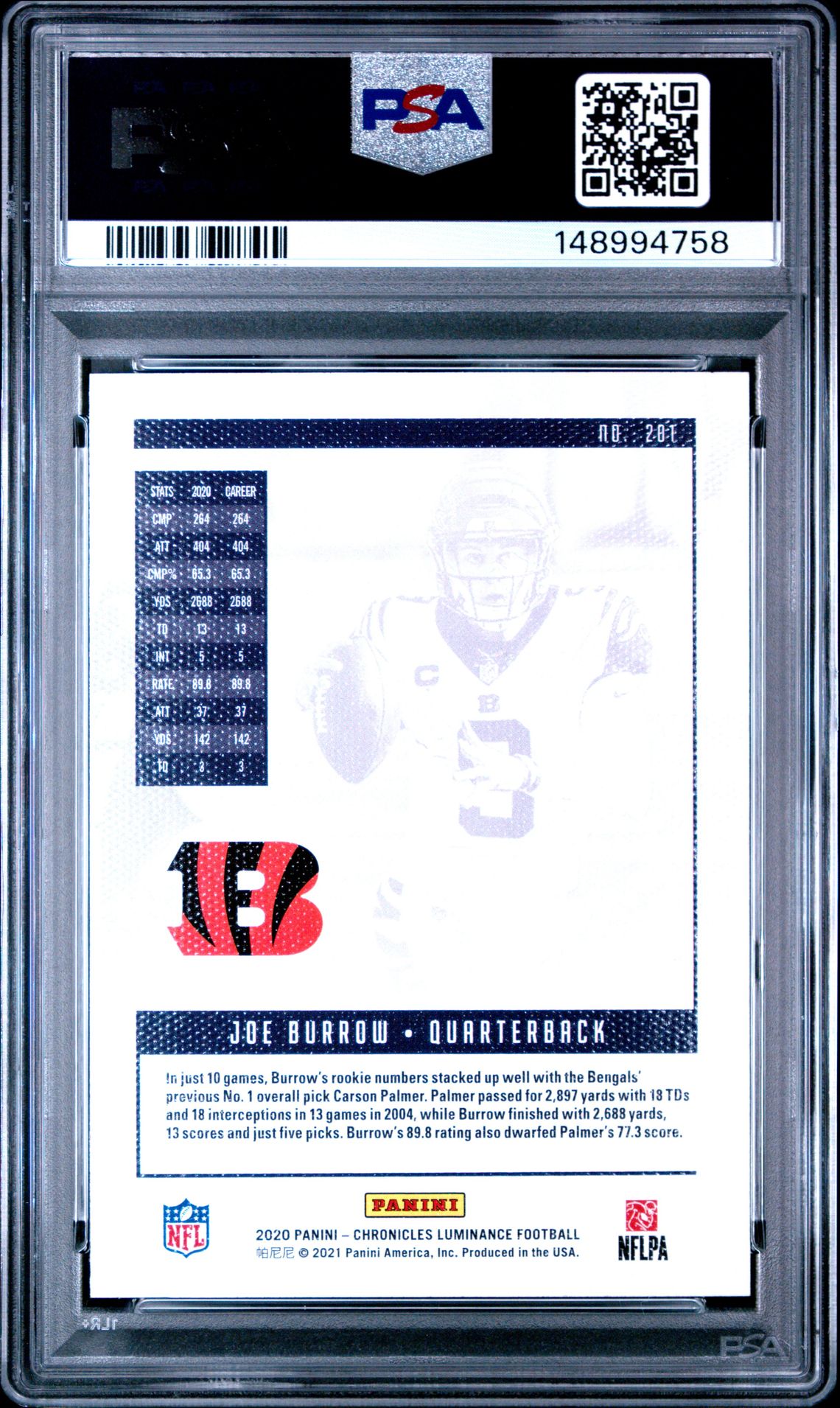 2020 Panini Chronicles Luminance Joe Burrow #201 (Luminance) Mint 9 back