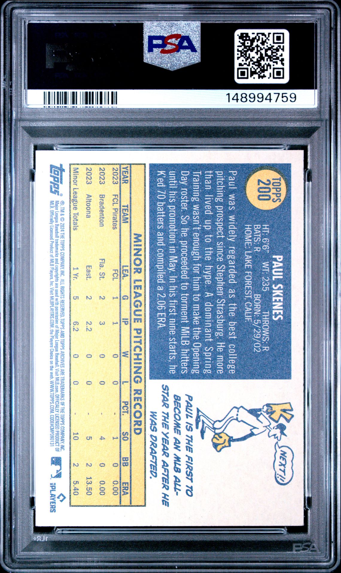 2024 Topps Archives Paul Skenes #200 Gem Mt 10 back