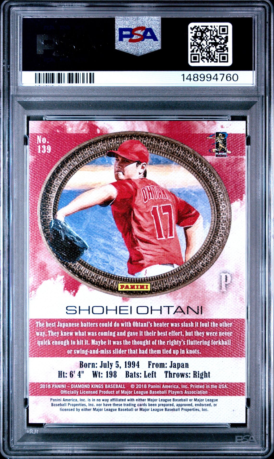 2018 Panini Diamond Kings Shohei Ohtani #139 (Red Frame) Mint 9 back