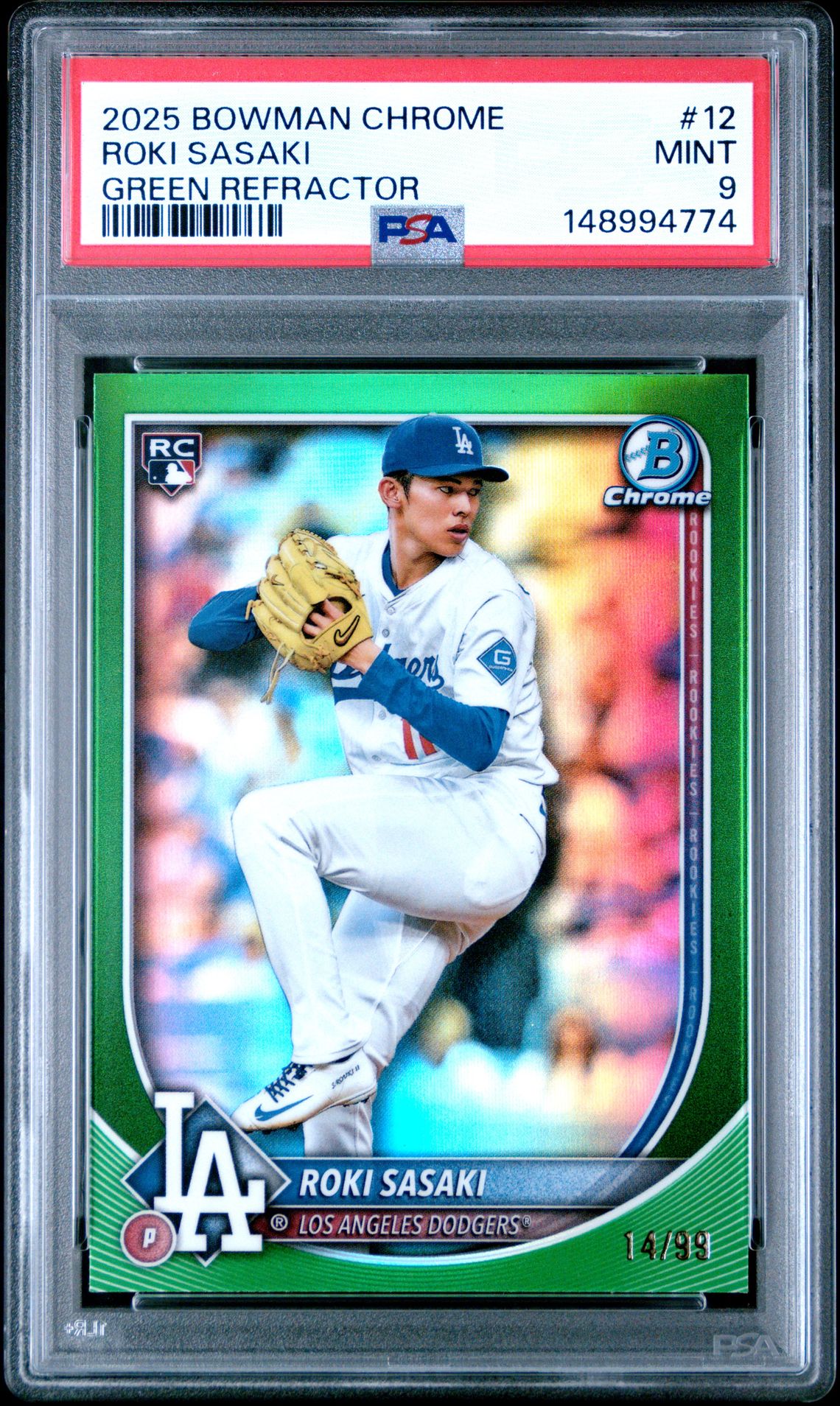 2025 Bowman Chrome Roki Sasaki #12 (Green Refractor) Mint 9 front