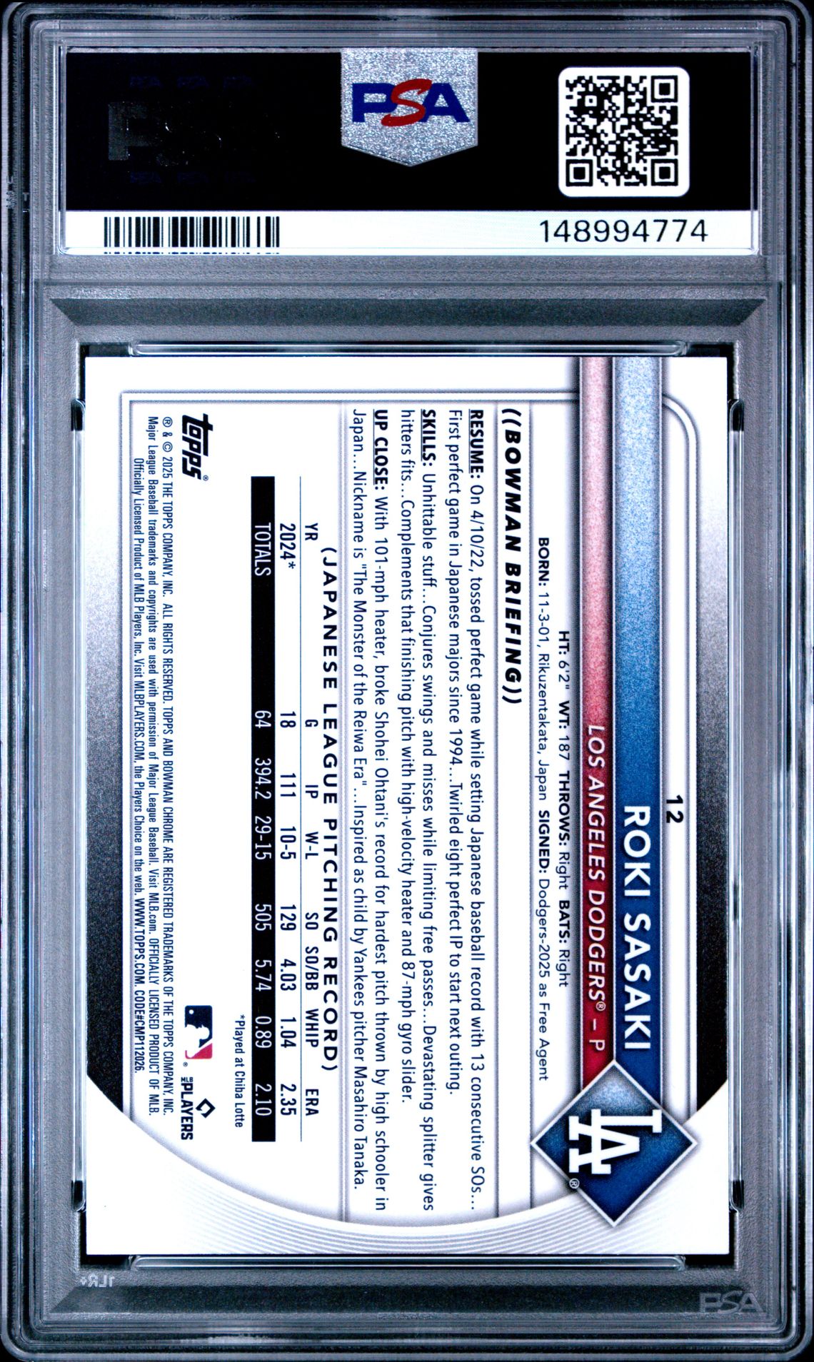 2025 Bowman Chrome Roki Sasaki #12 (Green Refractor) Mint 9 back