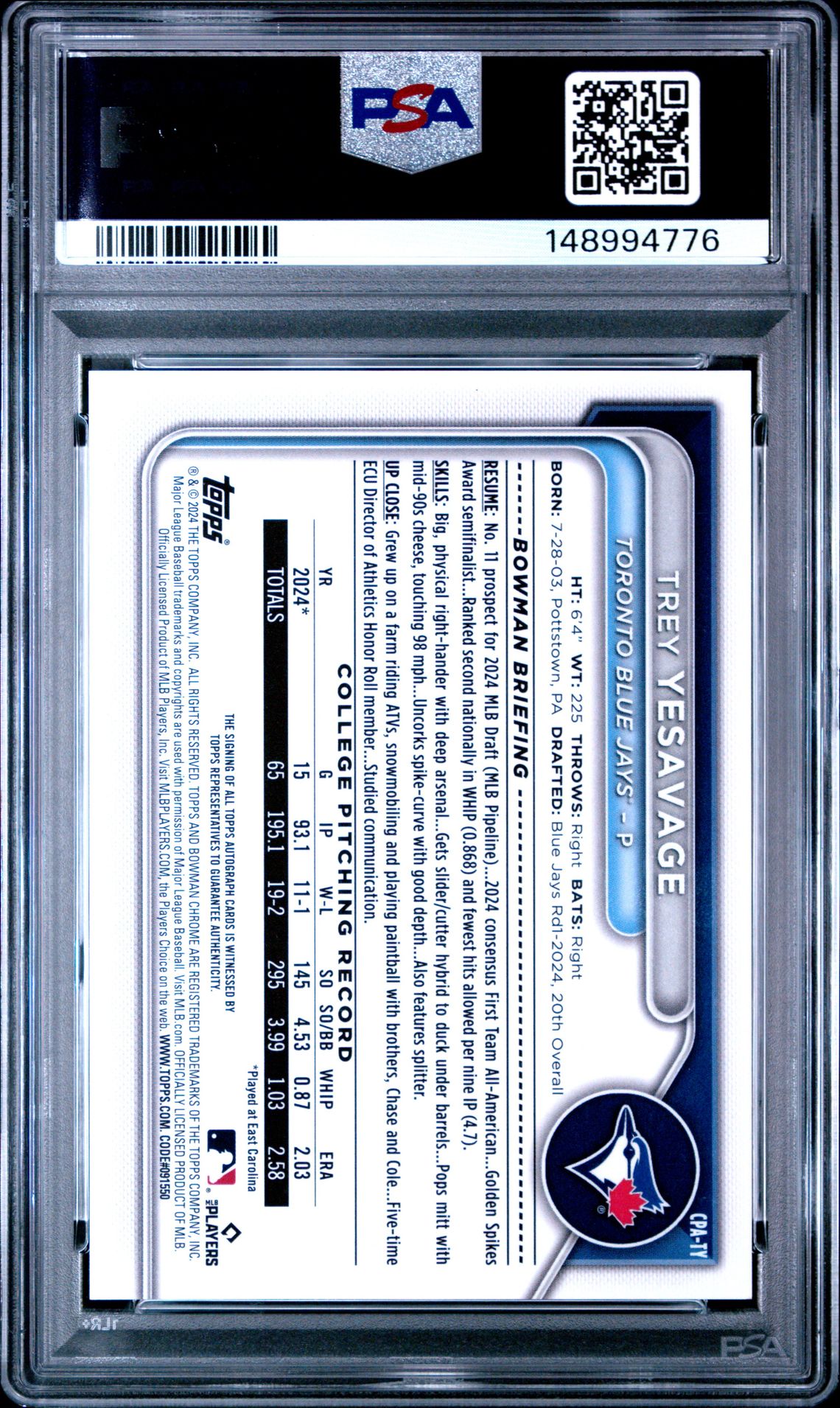 2024 Bowman Draft Chrome Prospect Autographs Trey Yesavage #Cpaty Mint 9 back