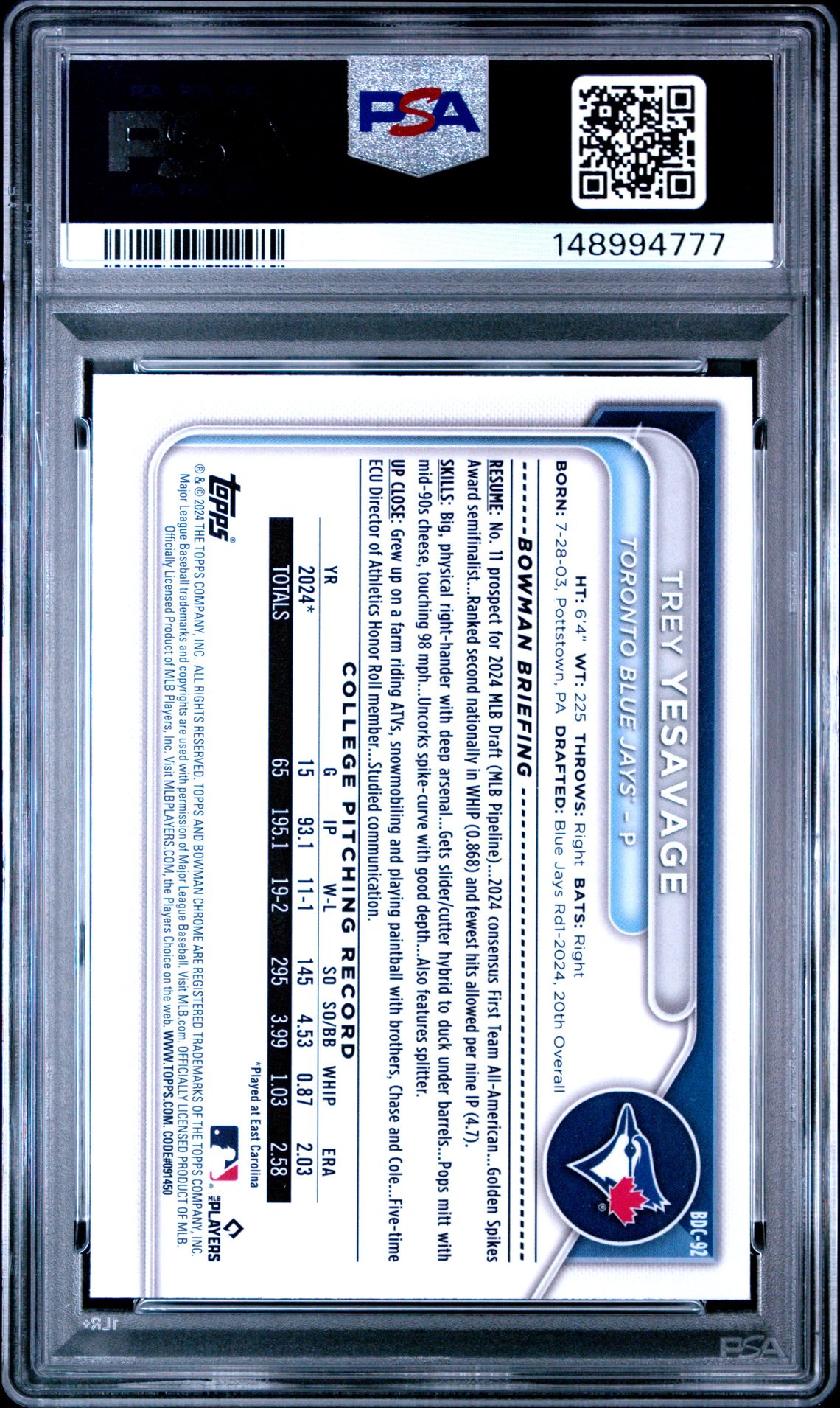 2024 Bowman Draft Trey Yesavage #Bdc92 (Chrome) Mint 9 back