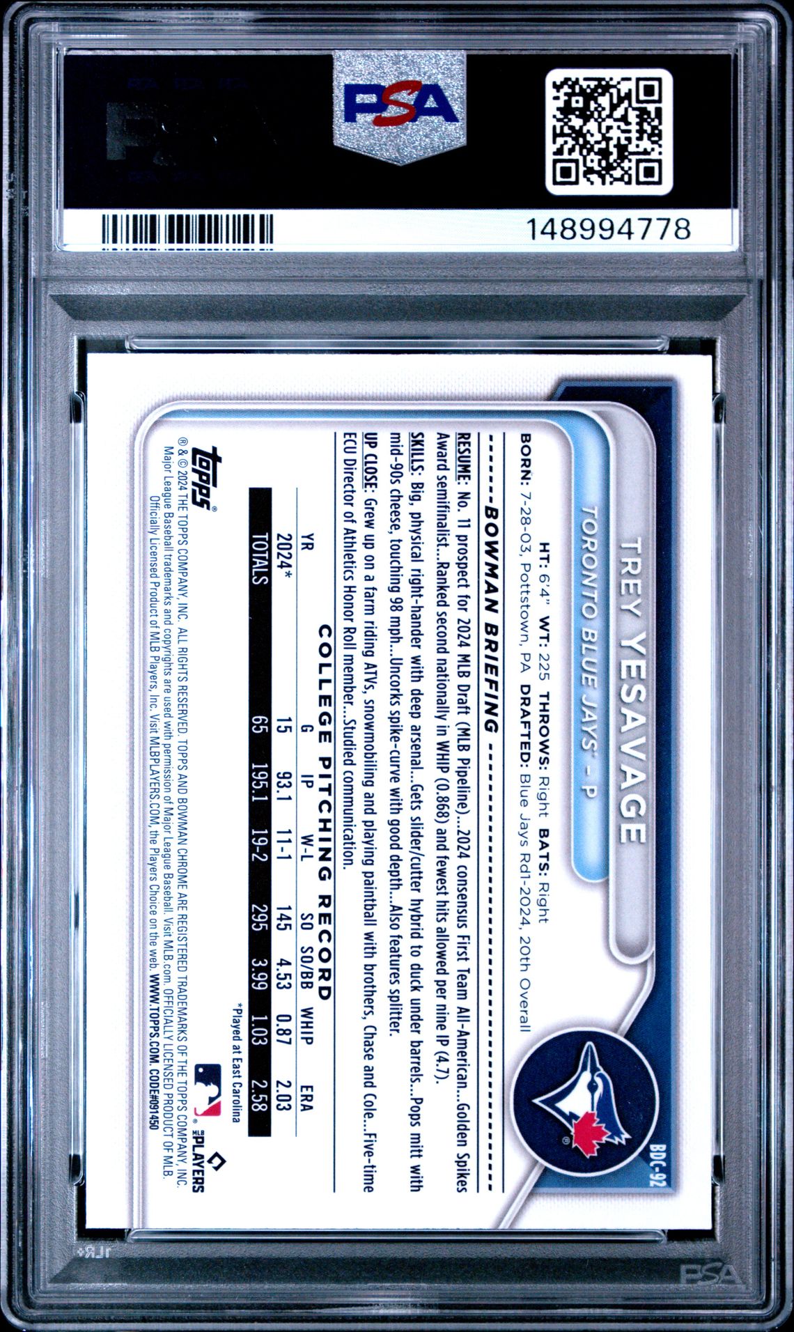 2024 Bowman Draft Trey Yesavage #Bdc92 (Chrome) Mint 9 back