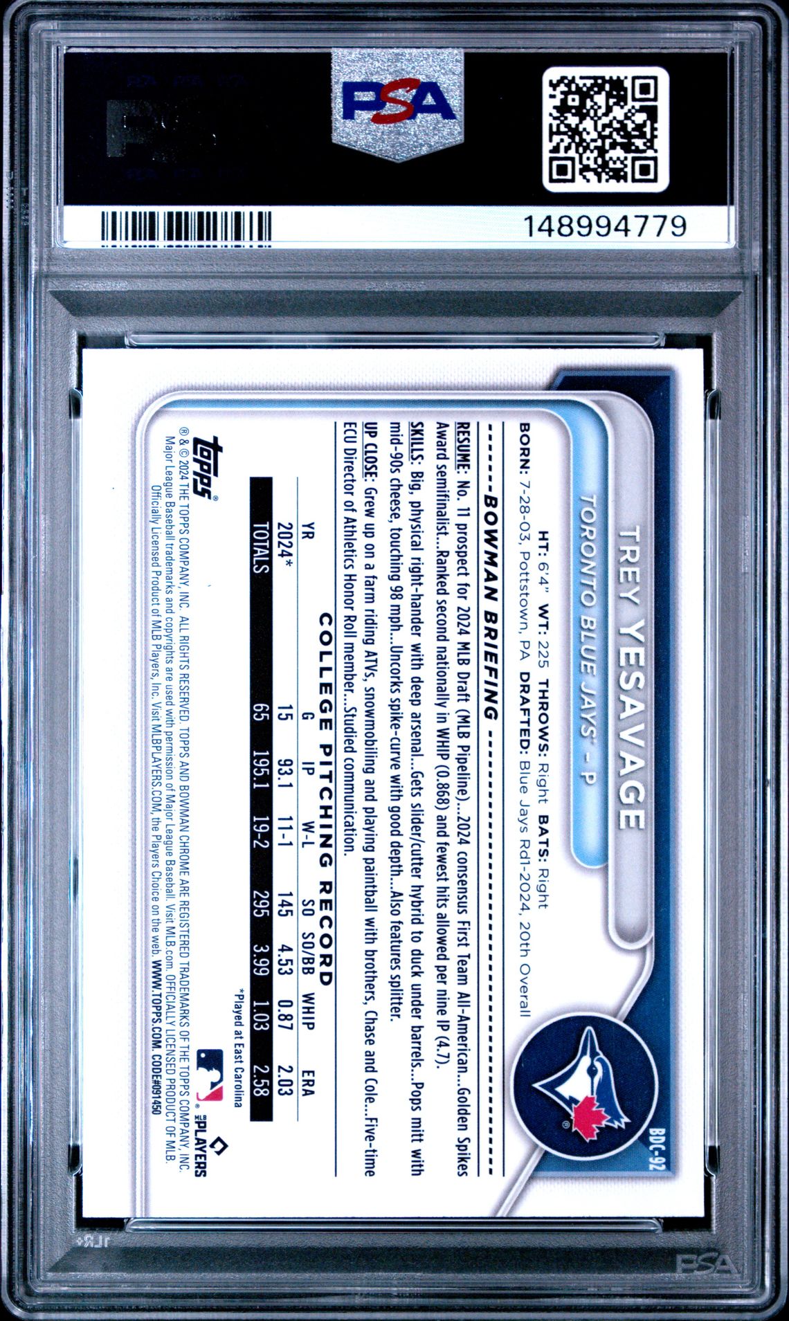 2024 Bowman Draft Trey Yesavage #Bdc92 (Chrome) Mint 9 back