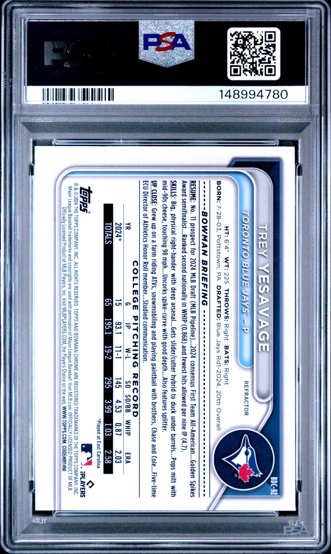 2024 Bowman Draft Trey Yesavage #Bdc92 (Chrome-Refractor) Mint 9 back