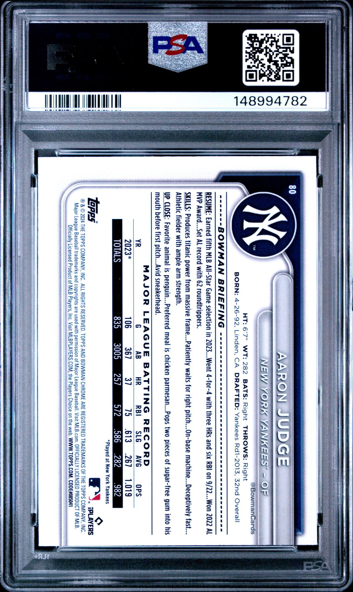 2024 Bowman Chrome Sapphire Edition Aaron Judge #80 Mint 9 back