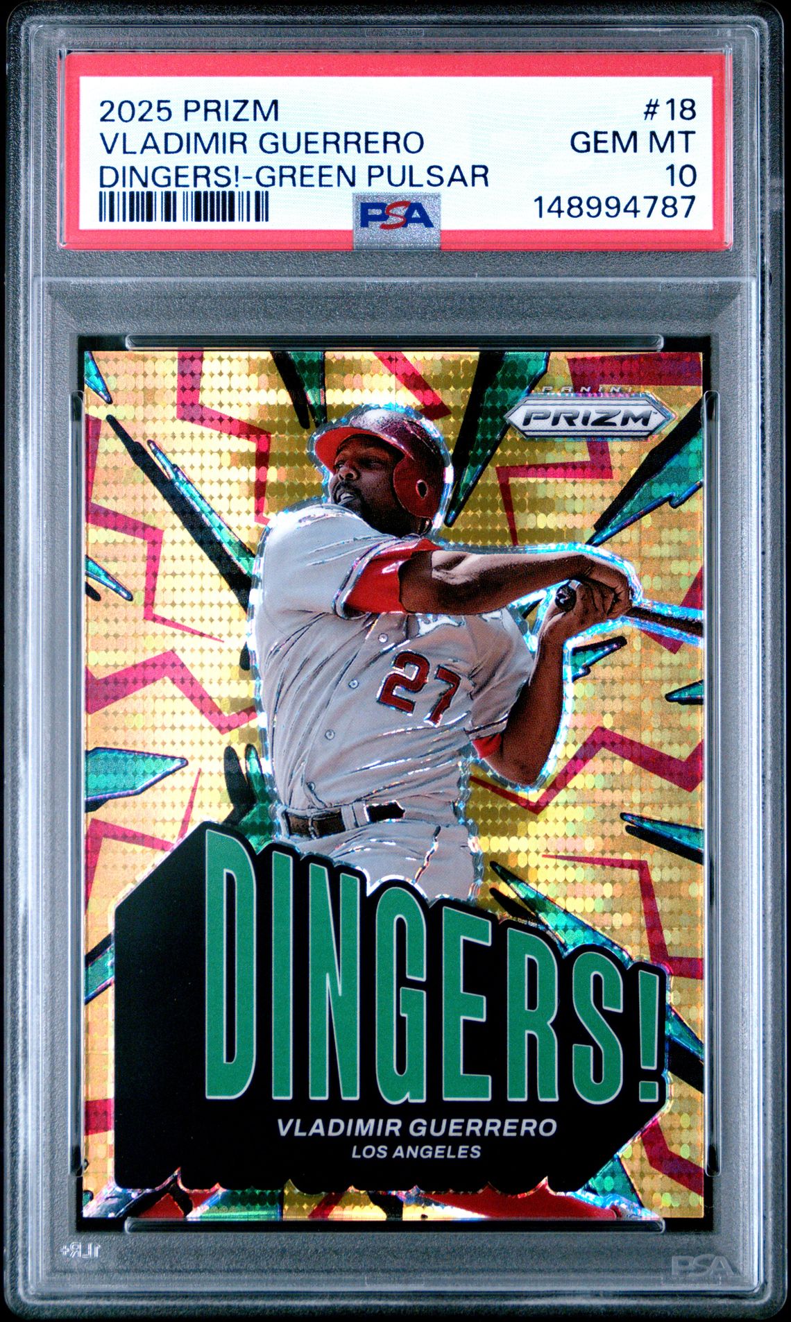 2025 Panini Prizm Dingers! Vladimir Guerrero #18 (Dingers!-Green Pulsar) Gem Mt 10 front