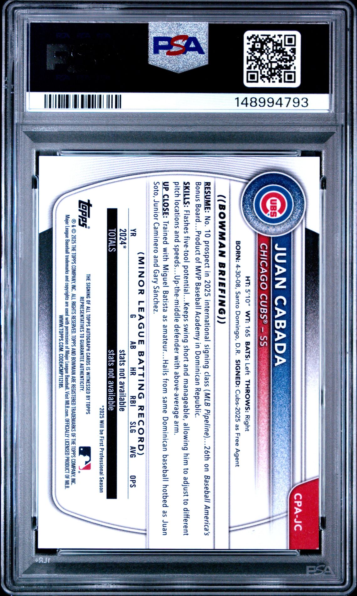 2025 Bowman Chrome Prospect Autographs Juan Cabada #Cpajc (Chrome Pros Au-Speckle Ref) Mint 9 back