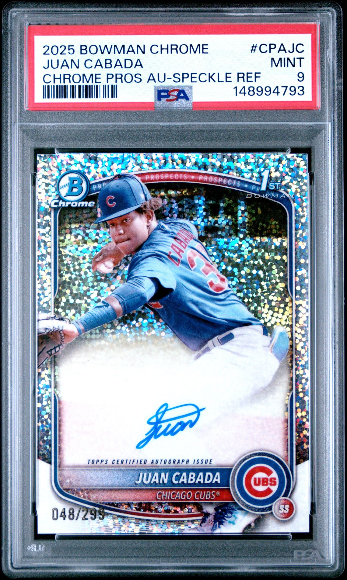 2025 Bowman Chrome Prospect Autographs Juan Cabada #Cpajc (Chrome Pros Au-Speckle Ref) Mint 9 front