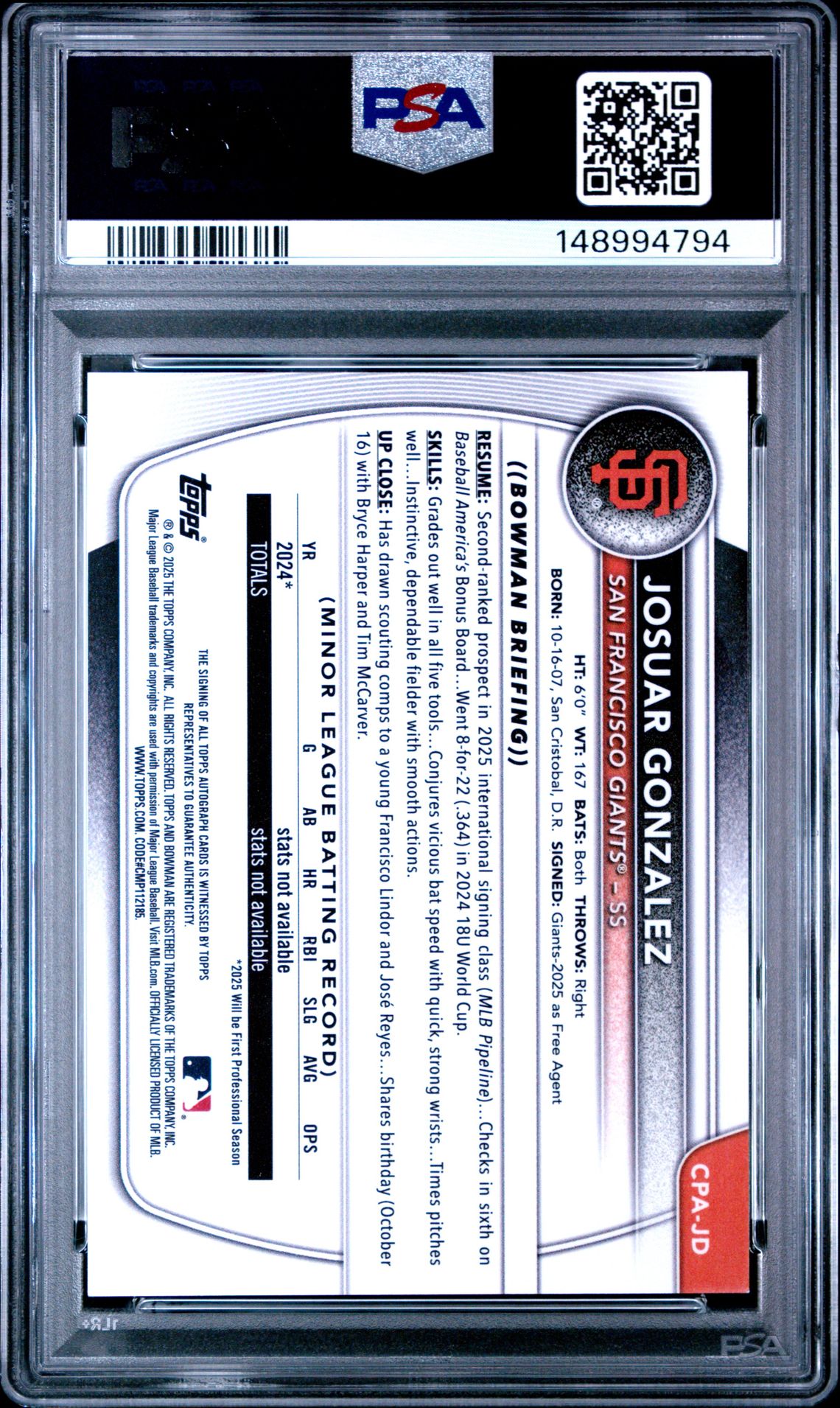 2025 Bowman Chrome Prospect Autographs Josuar Gonzalez #Cpajd Nm-Mt 8 back