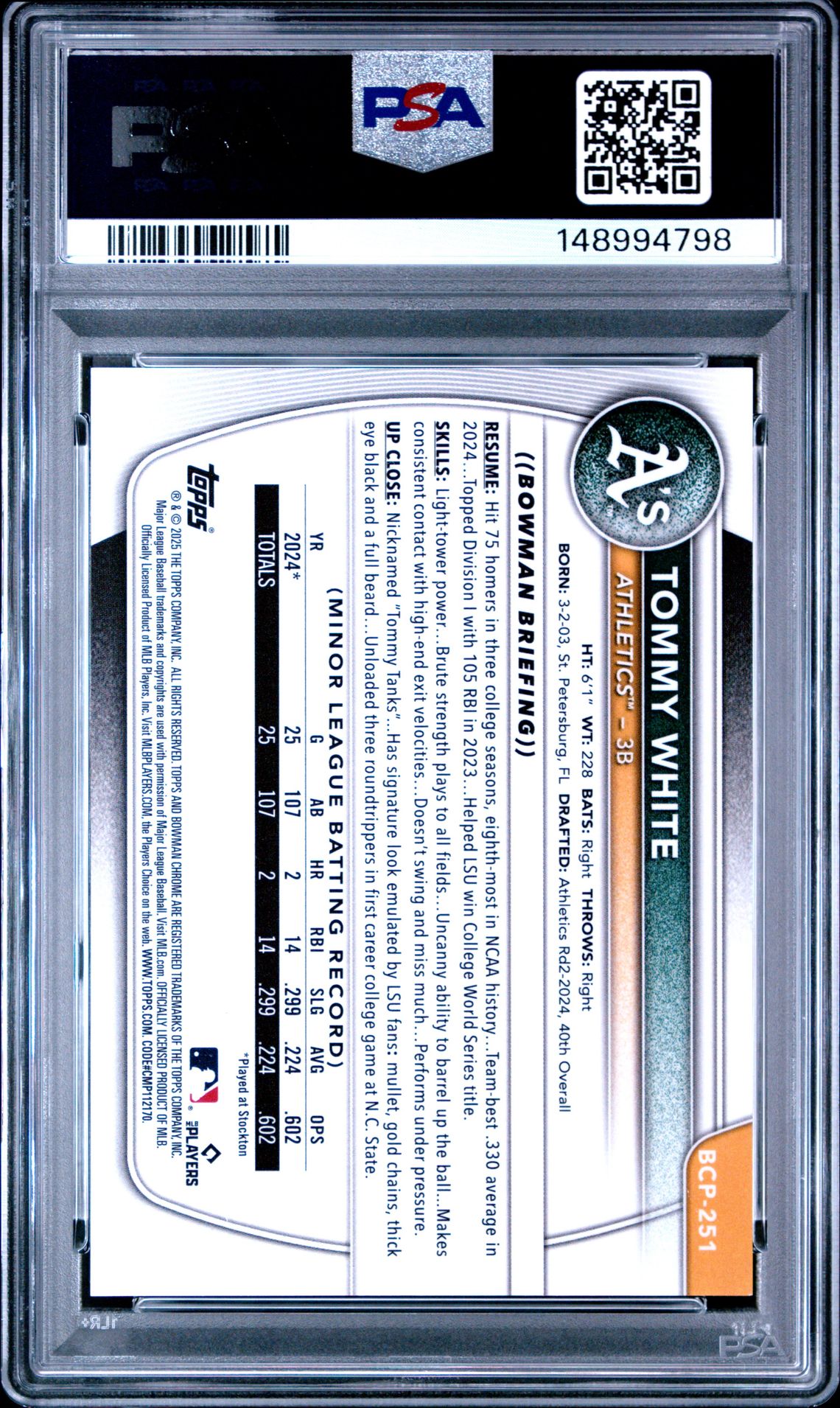 2025 Bowman Chrome Prospects Tommy White #Bcp251 (Pros-Etched In Glass Var) Mint 9 back