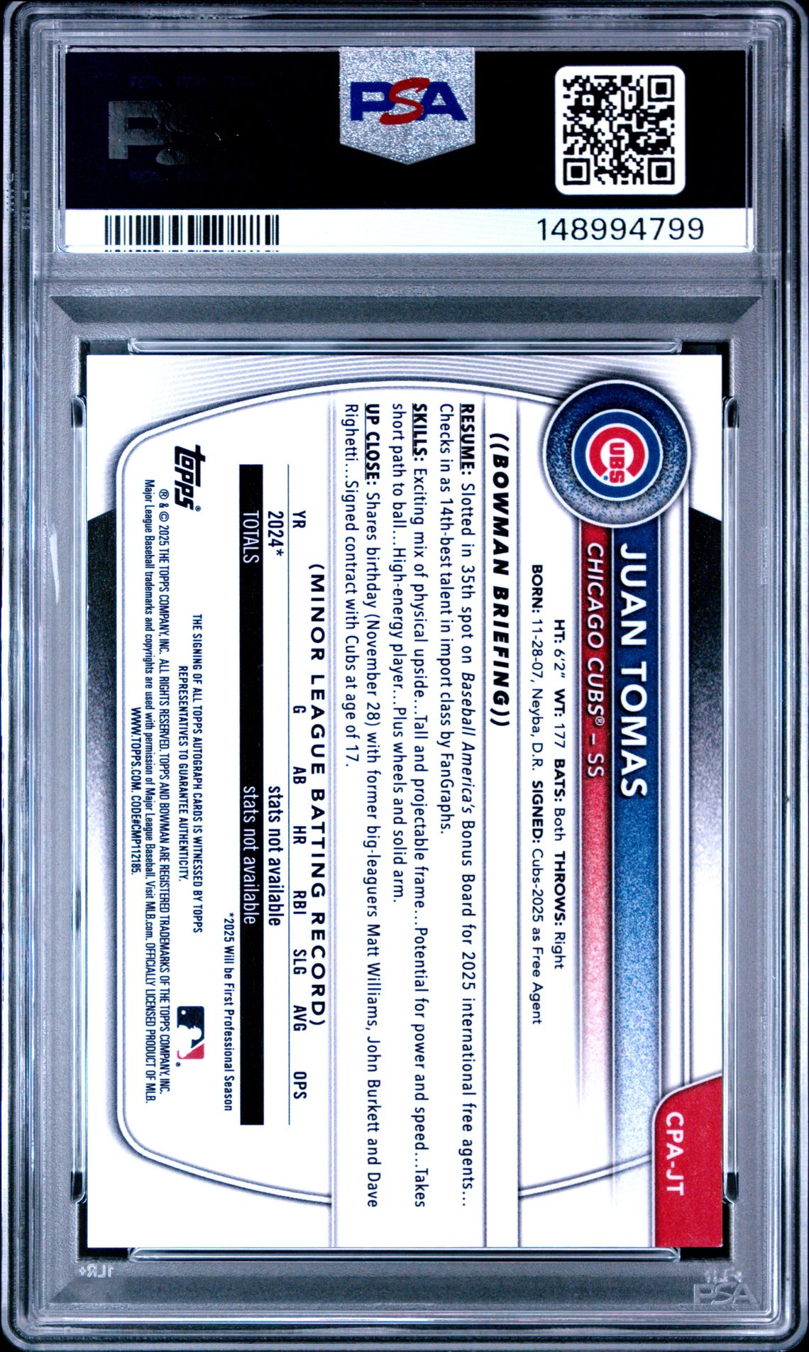 2025 Bowman Chrome Prospect Autographs Juan Tomas #Cpajt (Chr Pros Au-Blue Raywave) Mint 9 back