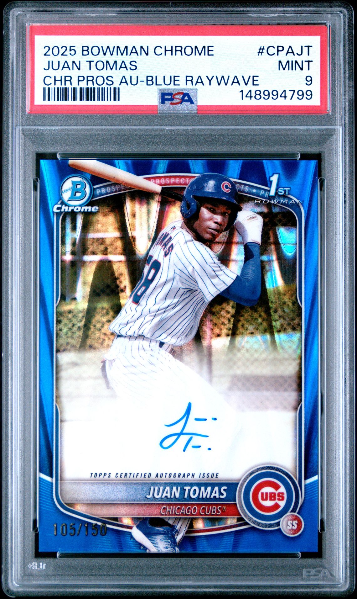 2025 Bowman Chrome Prospect Autographs Juan Tomas #Cpajt (Chr Pros Au-Blue Raywave) Mint 9 front
