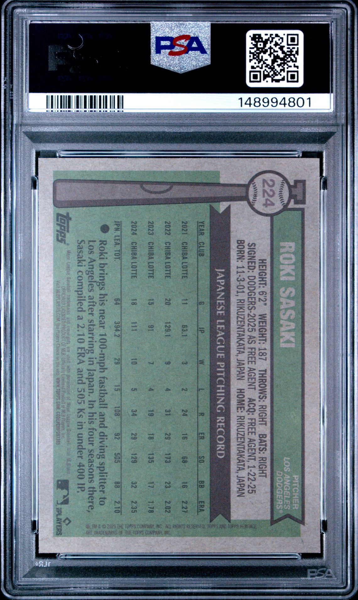 2025 Topps Heritage Roki Sasaki #224 (Chrome-Silver Sparkle Ref) Mint 9 back